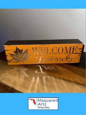Welcome Friends Orange Fall Wood Block Sign Maple Leaf Rustic Autumn Shelf Decor
